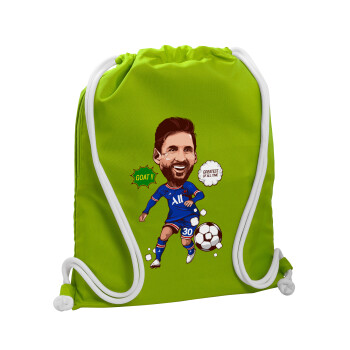 Lionel Messi drawing, Backpack bag GYMBAG LIME GREEN, with pocket (40x48cm) & thick cords