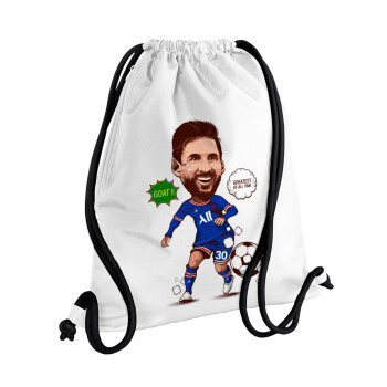 Lionel Messi drawing, Τσάντα πλάτης πουγκί GYMBAG λευκή, με τσέπη (40x48cm) & χονδρά κορδόνια