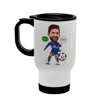 Lionel Messi drawing, Stainless steel travel mug with lid, double wall white 450ml