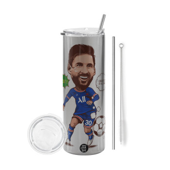Lionel Messi drawing, Eco friendly stainless steel Silver tumbler 600ml, with metal straw & cleaning brush