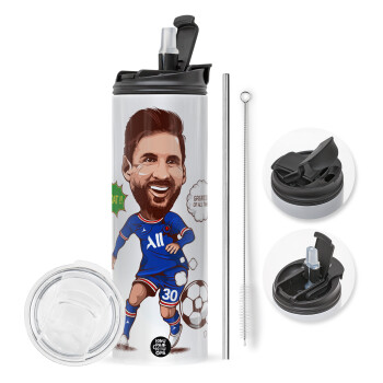 Lionel Messi drawing, Travel Tumbler 2 Lids, with metal straw & cleaning brush (Stainless steel 304 Food grade, BPA free, 600ml)