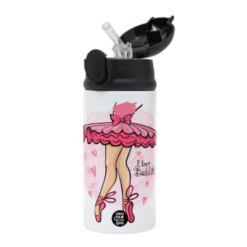 I Love Ballet, Children's hot water bottle, stainless steel, with safety straw, Black (360ml) BPA-FREE