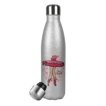 I Love Ballet, Metallic Glitter Silver Thermos Flask (Stainless steel), double-walled, 500ml