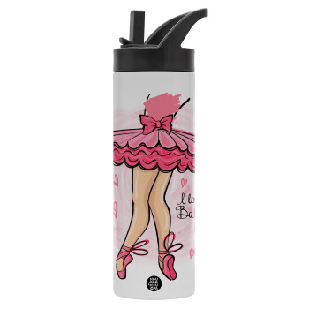 I Love Ballet, Metallic thermos bottle with straw & handle, stainless steel (Stainless steel 304), double-walled, 600ml.