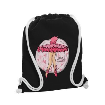 I Love Ballet, Backpack pouch GYMBAG Black, with pocket (40x48cm) & thick white cords