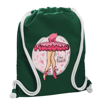 I Love Ballet, Backpack pouch GYMBAG BOTTLE GREEN, with pocket (40x48cm) & thick white cords