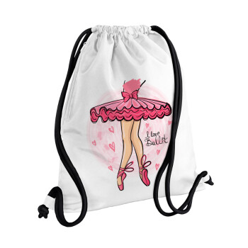 I Love Ballet, Backpack pouch GYMBAG white, with pocket (40x48cm) & thick cords