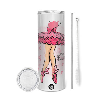 I Love Ballet, Eco friendly ποτήρι θερμό (tumbler) από ανοξείδωτο ατσάλι 600ml, με μεταλλικό καλαμάκι & βούρτσα καθαρισμού