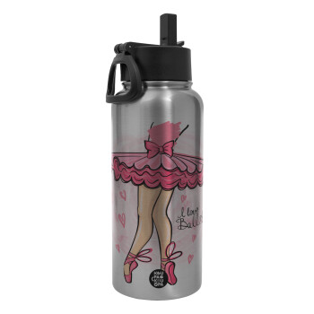 I Love Ballet, Metal mug thermo Silver with Straw and Spout Lid (Stainless steel), double wall, 950ml