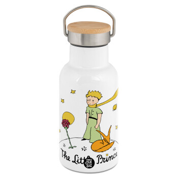 The Little prince classic, Μεταλλικό παγούρι θερμός (Stainless steel) Λευκό με ξύλινο καπακι (bamboo), διπλού τοιχώματος, 350ml