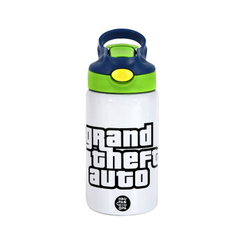 GTA (grand theft auto), Children's hot water bottle, stainless steel, with safety straw, green, blue (350ml)