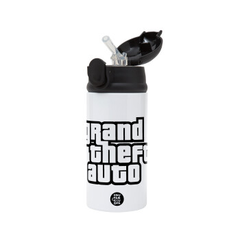 GTA (grand theft auto), Children's hot water bottle, stainless steel, with safety straw, Black (360ml) BPA-FREE