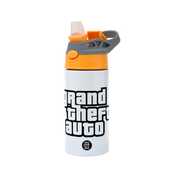 GTA (grand theft auto), Children's hot water bottle, stainless steel, with safety straw, Orange/Grey (360ml) BPA-FREE