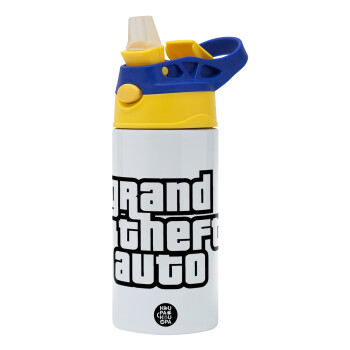 GTA (grand theft auto), Children's hot water bottle, stainless steel, with safety straw, green, blue (360ml) BPA FREE