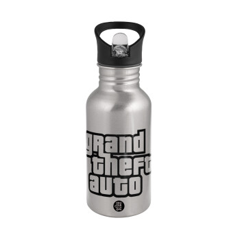 GTA (grand theft auto), Water bottle Silver with straw, stainless steel 500ml
