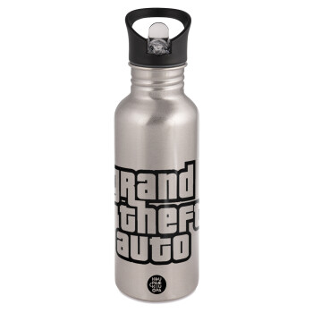 GTA (grand theft auto), Water bottle Silver with straw, stainless steel 600ml
