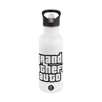 GTA (grand theft auto), White water bottle with straw, stainless steel 600ml