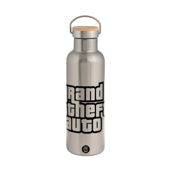 GTA (grand theft auto), Μεταλλικό παγούρι θερμός (Stainless steel) Ασημένιο με ξύλινο καπακι (bamboo), διπλού τοιχώματος, 750ml