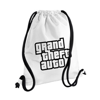 GTA (grand theft auto), Τσάντα πλάτης πουγκί GYMBAG λευκή, με τσέπη (40x48cm) & χονδρά κορδόνια