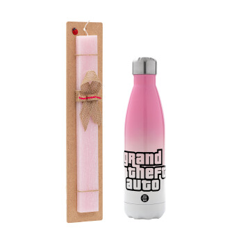 GTA (grand theft auto), Easter Set, Metallic pink/white (Stainless steel) thermos, double-walled, 500ml & aromatic flat Easter candle (30cm) (PINK)