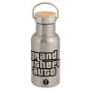 Stainless steel metallic thermos flask, silver with a bamboo lid, double-walled, 350ml.