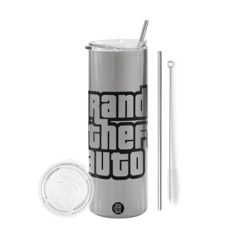 GTA (grand theft auto), Eco friendly stainless steel Silver tumbler 600ml, with metal straw & cleaning brush