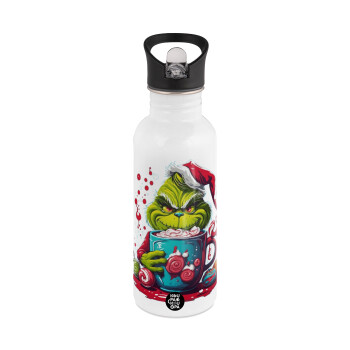 Giggling Grinchy Galore, White water bottle with straw, stainless steel 600ml