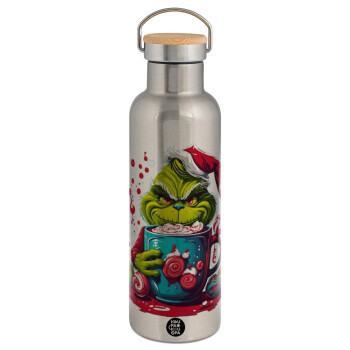 Giggling Grinchy Galore, Stainless steel Silver with wooden lid (bamboo), double wall, 750ml