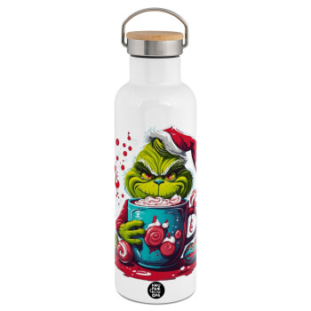 Giggling Grinchy Galore, Stainless steel White with wooden lid (bamboo), double wall, 750ml