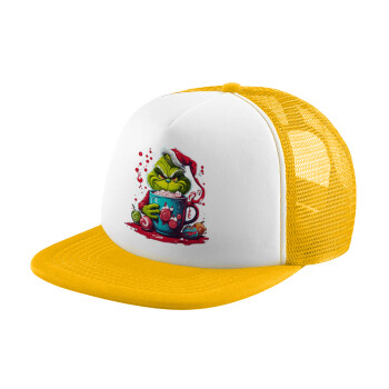 Giggling Grinchy Galore, Adult Soft Trucker Hat with Yellow/White Mesh (POLYESTER, ADULT, UNISEX, ONE SIZE)