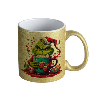 Giggling Grinchy Galore, Κούπα Χρυσή Glitter που γυαλίζει, κεραμική, 330ml