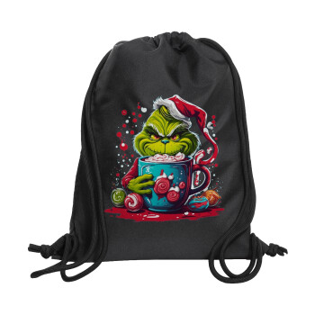 Giggling Grinchy Galore, Τσάντα πλάτης πουγκί GYMBAG Μαύρη, με τσέπη (40x48cm) & χονδρά κορδόνια
