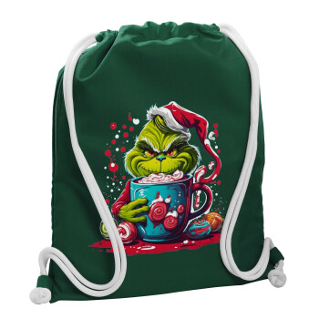 Giggling Grinchy Galore, Τσάντα πλάτης πουγκί GYMBAG BOTTLE GREEN, με τσέπη (40x48cm) & χονδρά λευκά κορδόνια