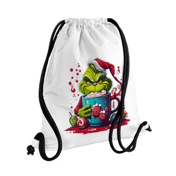 Giggling Grinchy Galore, Τσάντα πλάτης πουγκί GYMBAG λευκή, με τσέπη (40x48cm) & χονδρά κορδόνια