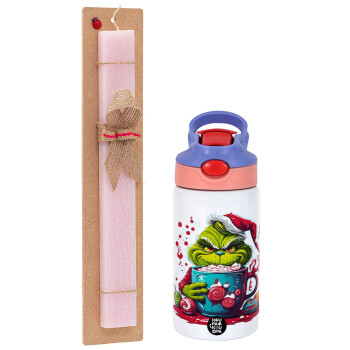 Giggling Grinchy Galore, Easter Set, Children's thermal stainless steel water bottle with safety straw, pink/purple (350ml) & Easter scented flat candle (30cm) (PINK)