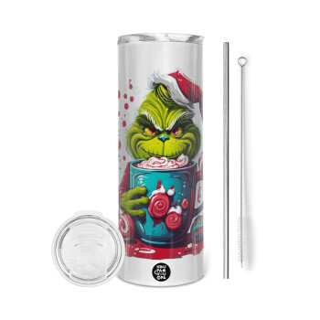 Giggling Grinchy Galore, Eco friendly stainless steel tumbler 600ml, with metal straw & cleaning brush