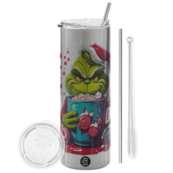 Giggling Grinchy Galore, Eco friendly stainless steel Silver tumbler 600ml, with metal straw & cleaning brush