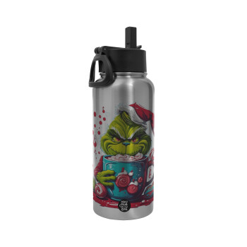 Giggling Grinchy Galore, Metal mug thermo Silver with Straw and Spout Lid (Stainless steel), double wall, 950ml