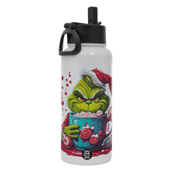 Giggling Grinchy Galore, Metal mug thermo White with Straw and Spout Lid (Stainless steel), double wall, 950ml