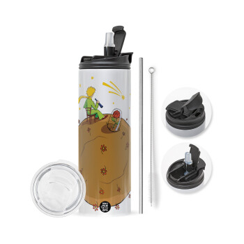 Ο μικρός πρίγκιπας planet, Travel Tumbler θερμό με διπλό καπάκι, μεταλλικό καλαμάκι και βούρτσα καθαρισμού (Ανωξείδωτο 304 Food grade, BPA free, 600ml)