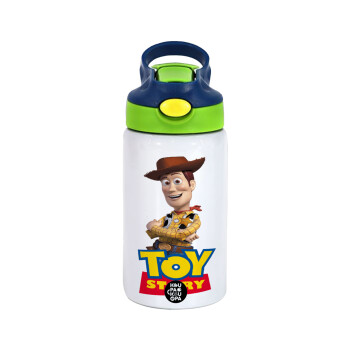 Woody cowboy, Children's hot water bottle, stainless steel, with safety straw, green, blue (350ml)