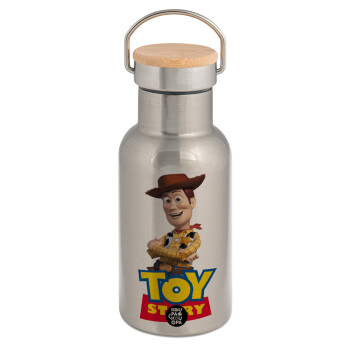 Woody cowboy, Stainless steel metallic thermos flask, silver with a bamboo lid, double-walled, 350ml.