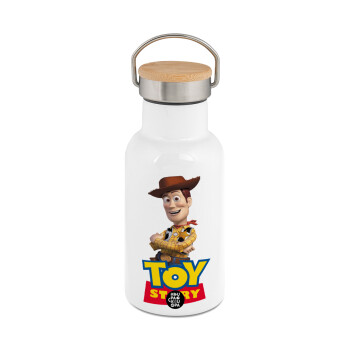 Woody cowboy, Metallic thermos (Stainless steel) White with wooden lid (bamboo), double-walled, 350ml