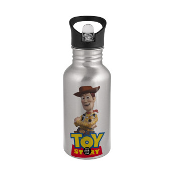 Woody cowboy, Water bottle Silver with straw, stainless steel 500ml