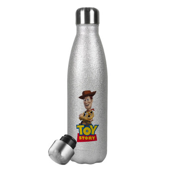Woody cowboy, Μεταλλικό παγούρι θερμός Glitter Aσημένιο (Stainless steel), διπλού τοιχώματος, 500ml