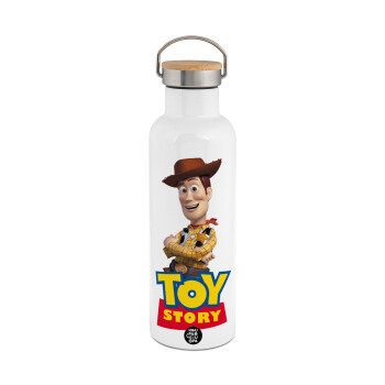 Woody cowboy, Μεταλλικό παγούρι θερμός (Stainless steel) Λευκό με ξύλινο καπακι (bamboo), διπλού τοιχώματος, 750ml