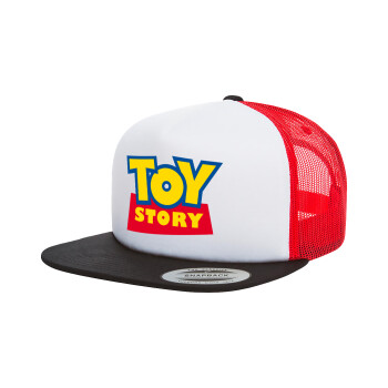 Woody cowboy, Adult Foam Flat Snapback with Mesh Black-White-Red (POLYESTER, ADULT, UNISEX, ONE SIZE)