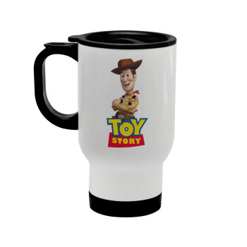 Woody cowboy, Stainless steel travel mug with lid, double wall white 450ml