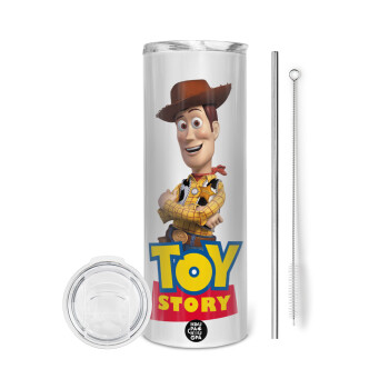 Woody cowboy, Tumbler ποτήρι θερμό από ανοξείδωτο ατσάλι 600ml, με μεταλλικό καλαμάκι & βούρτσα καθαρισμού