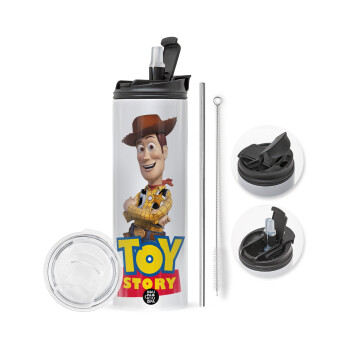 Woody cowboy, Travel Tumbler θερμό με διπλό καπάκι, μεταλλικό καλαμάκι και βούρτσα καθαρισμού (Ανωξείδωτο 304 Food grade, BPA free, 600ml)